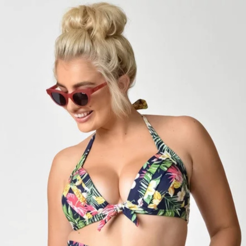 Unique Vintage Plus Size Navy Blue & Tropical Floral Monroe Bikini Top NWT 3XL